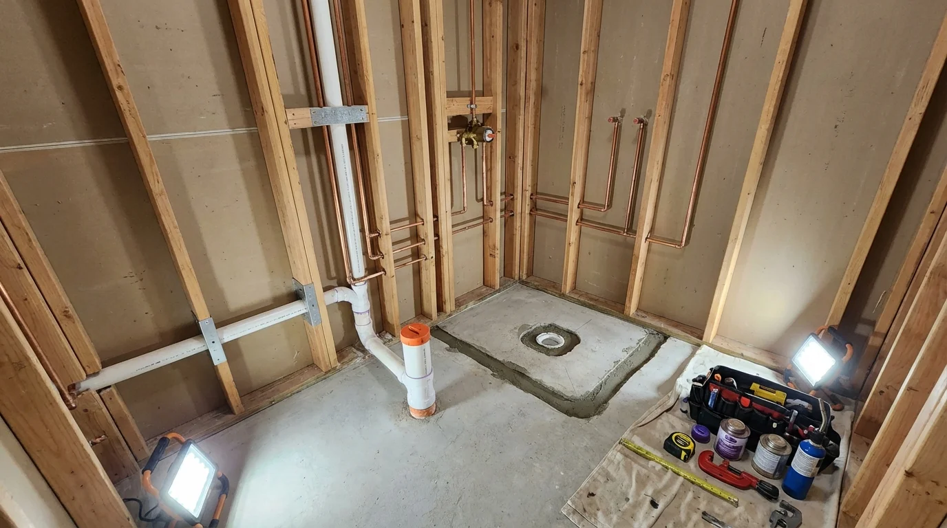 Bathroom rough-in plumbing during remodel by Johns Plumbing LLC in Louisiana