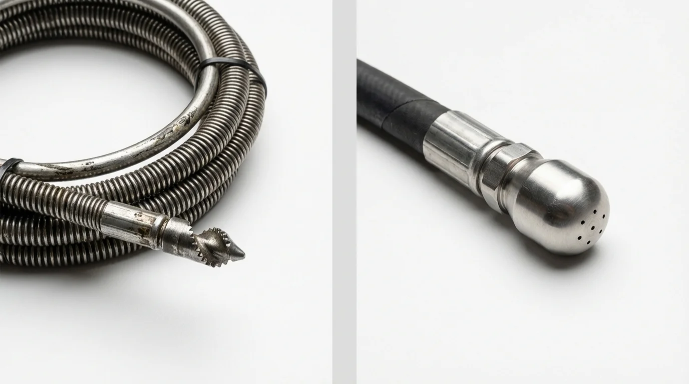Drain snake cable and hydro jetting nozzle used for drain cleaning in Louisiana, MO