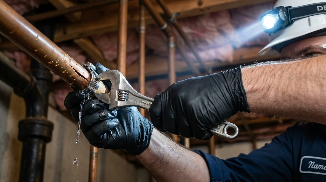 Emergency pipe clamp repair being performed by a Johns Plumbing LLC plumber in Louisiana