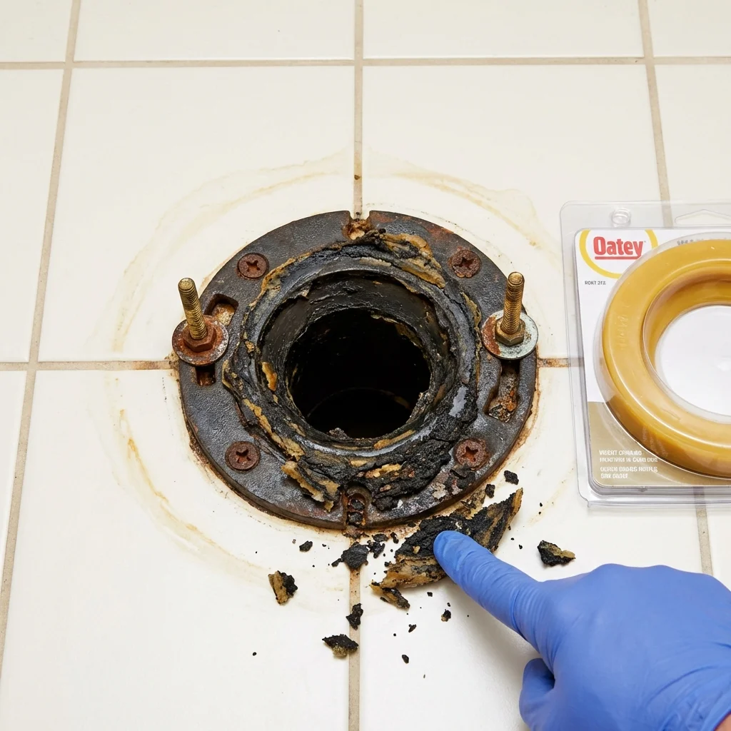 Failed wax ring showing water seepage at the base of a toilet in a Louisiana, MO home
