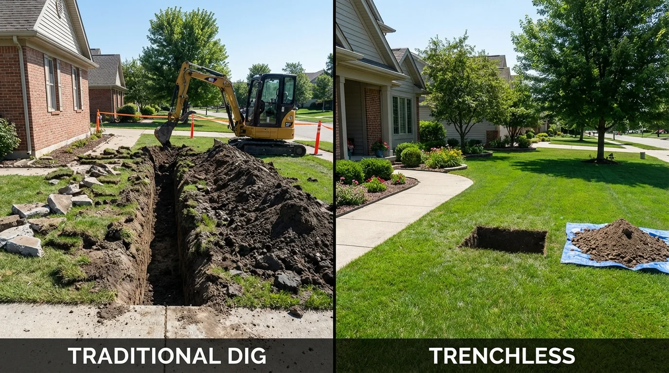 Trenchless sewer repair with minimal yard damage versus traditional excavation in Louisiana, MO